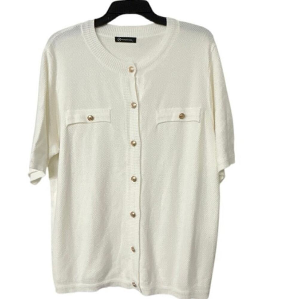 PRETTY GARDEN Ivory Minimalist Short Sleeve Cardigan Sweater L Quiet Luxury - Picture 4 of 11